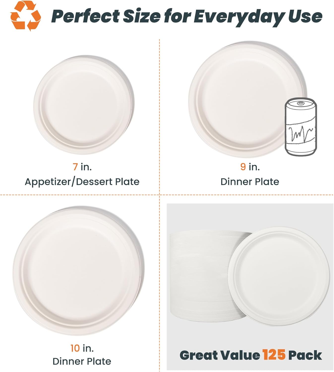 100% Compostable 9 inch Paper Plates, [125-Pack] Disposable Party Plates, (BPI Certified)-Heavy Duty, Eco-Friendly Dinner Paper Plates, Biodegradable Sugarcane Plates, white