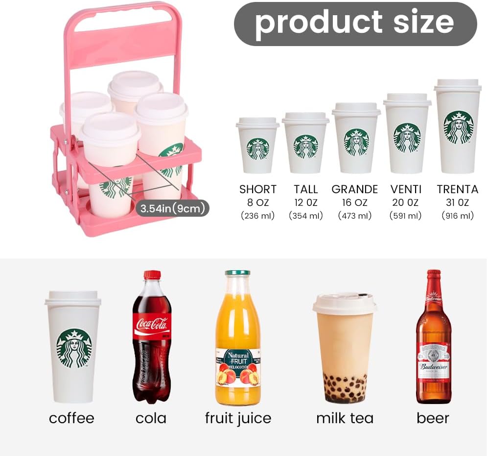 Musbus Reusable Drink Carrier with Handle for Doordash, Grubhub, Portable Cup/Coffee Holder Accessories for Delivery, Foldable Drinks Caddy with Tray, Car Durable Plastic Festive Bottle, Vacation