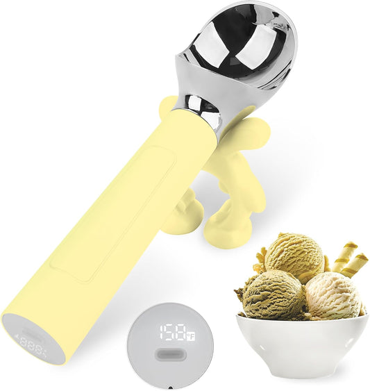 NEWEST Heated Ice Cream Scoop, Rechargeable Electric Warming Scooper with LED Display, Heats to 158°F for Hard Ice Cream, IP67 Waterproof, Easy for Seniors & Kids (Yellow)