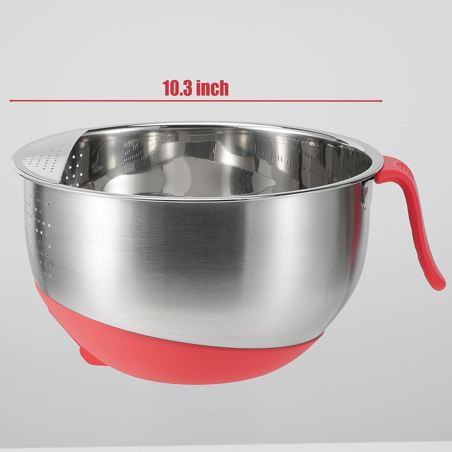 Rice Strainer Washing Bowl Quinoa Washer whit Handle Stainless Steel Colander Versatile Side Drainers for Cleaning Rinsing Fruits, Vegetables, and Beans - Tilting Non-slip Silicone Bottom, Red