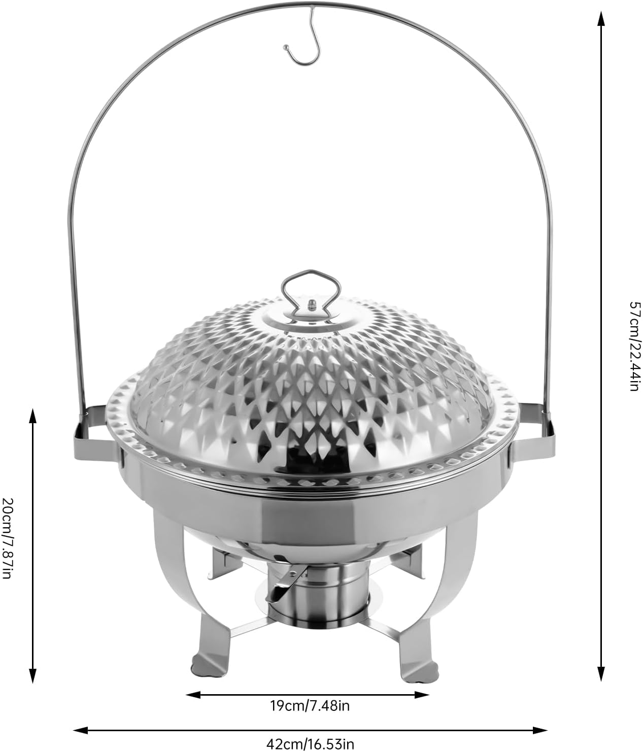 Chafing Dish Buffet Set, Stainless Steel Hanging Lid Dining Stove, Roll Top Chafing Dish Buffet Diamond-Shaped Lid and Round Stand for Buffet Restaurants and Banquets (Silver, 6L/6.3QT)