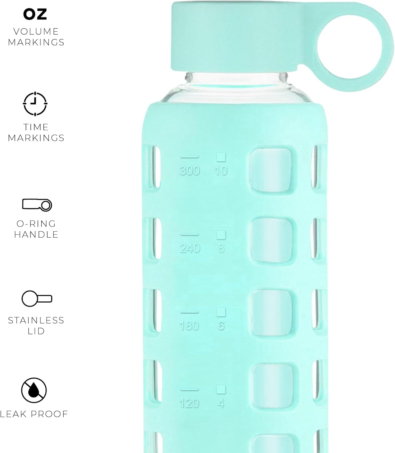 purifyou 40oz / 32oz / 22oz / 12oz Borosilicate Glass Water Bottle with Time & Volume Markers, Silicone Sleeve, Stainless Steel Lid – Reusable Glass Bottle for Water & Juice (12oz Glow-in-the-Dark)