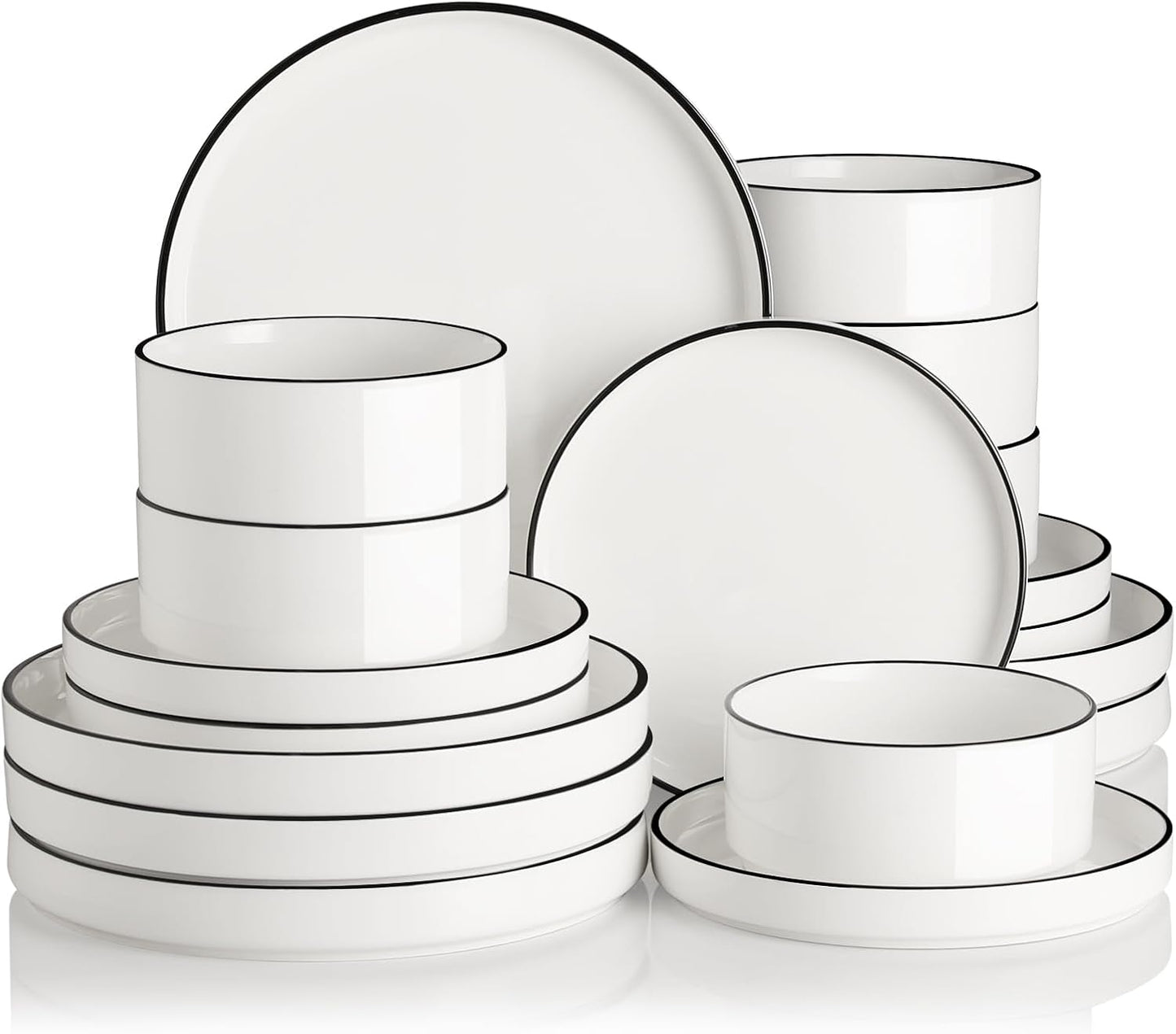 Sweejar Porcelain Dinnerware Sets for 6, 18 Pieces Ceramic Plates and Bowls Set, Classic Modern Simple Kitchen Dinner Dining Ware Set, Dishwasher and Microwave Safe Dishes Sets(Pure White-Black Rim)