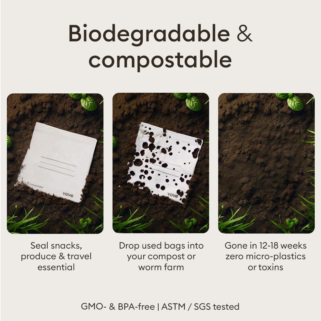 Vove Compostable Storage Bag Bundle, 140 Count Multi-Size S/M/L/XL – Freezer Safe, Resealable, Non Toxic Bags for Food, Meal Prep & Snacks, Plastic-Free Eco Bags