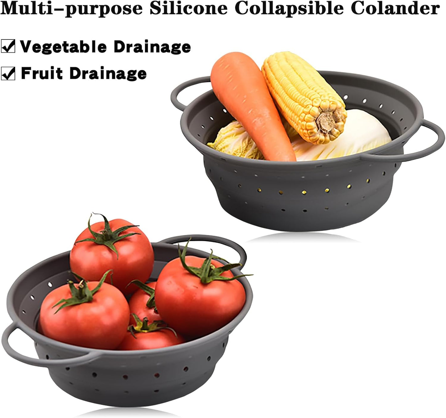 Collapsible Colander with Handle, Silicone Kitchen Colander for Easy Storage,Four-side Fast Draining Silicone Draining Basket, Perfect for Fruits Vegetables (Gray L)