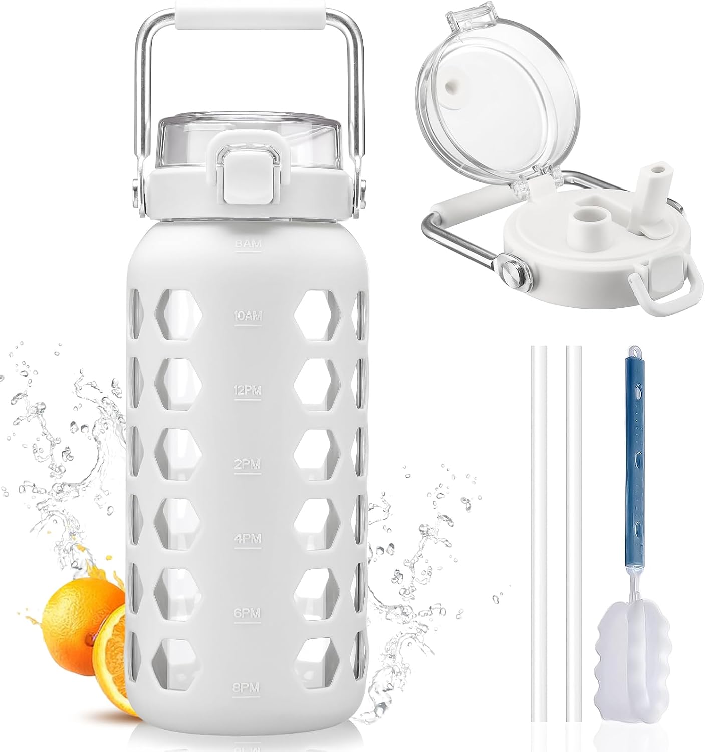 MUKOKO 64oz Glass Water Bottles with Straw and Lid,Half Gallon Water Bottle with Time Marker,Large Glass Water Jug with Silicone Sleeve and Stainless Steel Handle-White