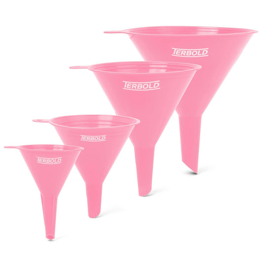 4pc Funnel Nesting Set in BPA Free Plastic for Kitchen Cooking, Car Oil, Home, or Lab Use (Pink)