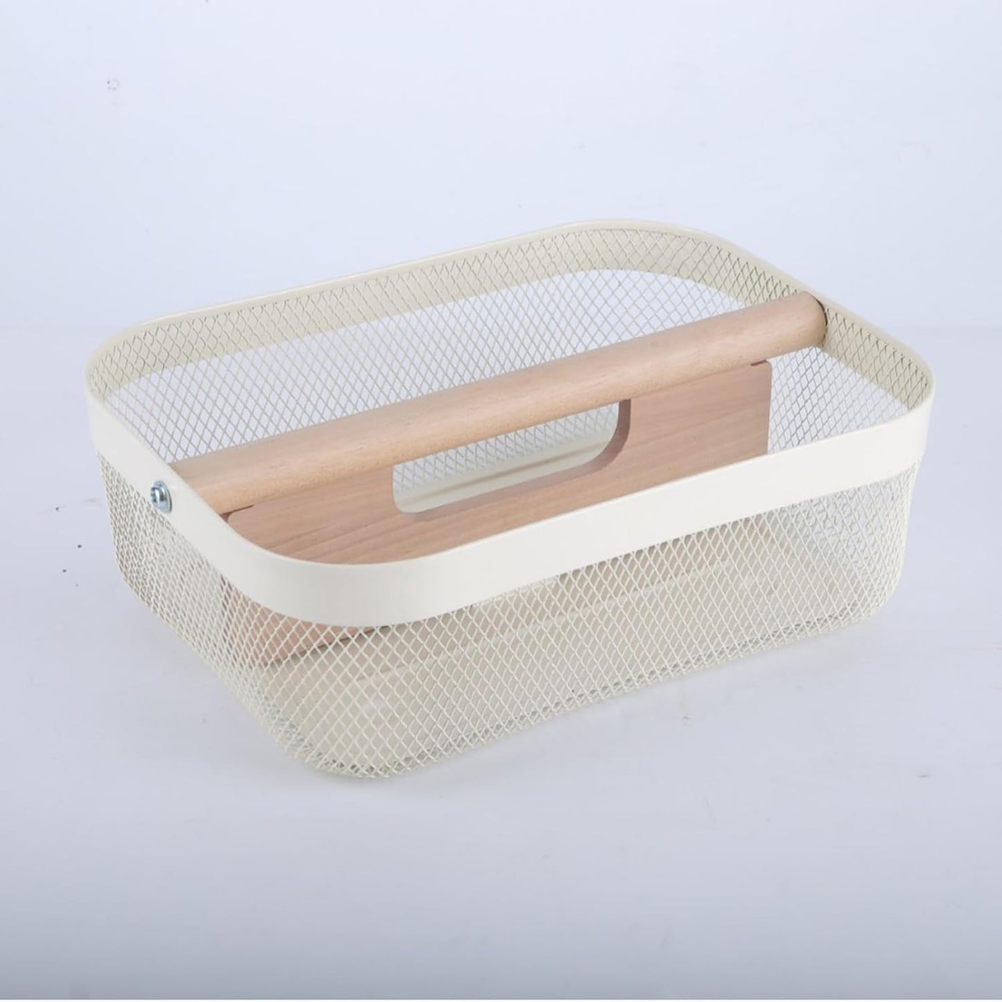 Metal Mesh Steel Storage Basket, Garden Harvest Wire Organizer Basket Multi-functional Kitchen Fruit Basket with Wooden Removable Partition & Handle for Bath Picnic Decor Cabinet, Cream White