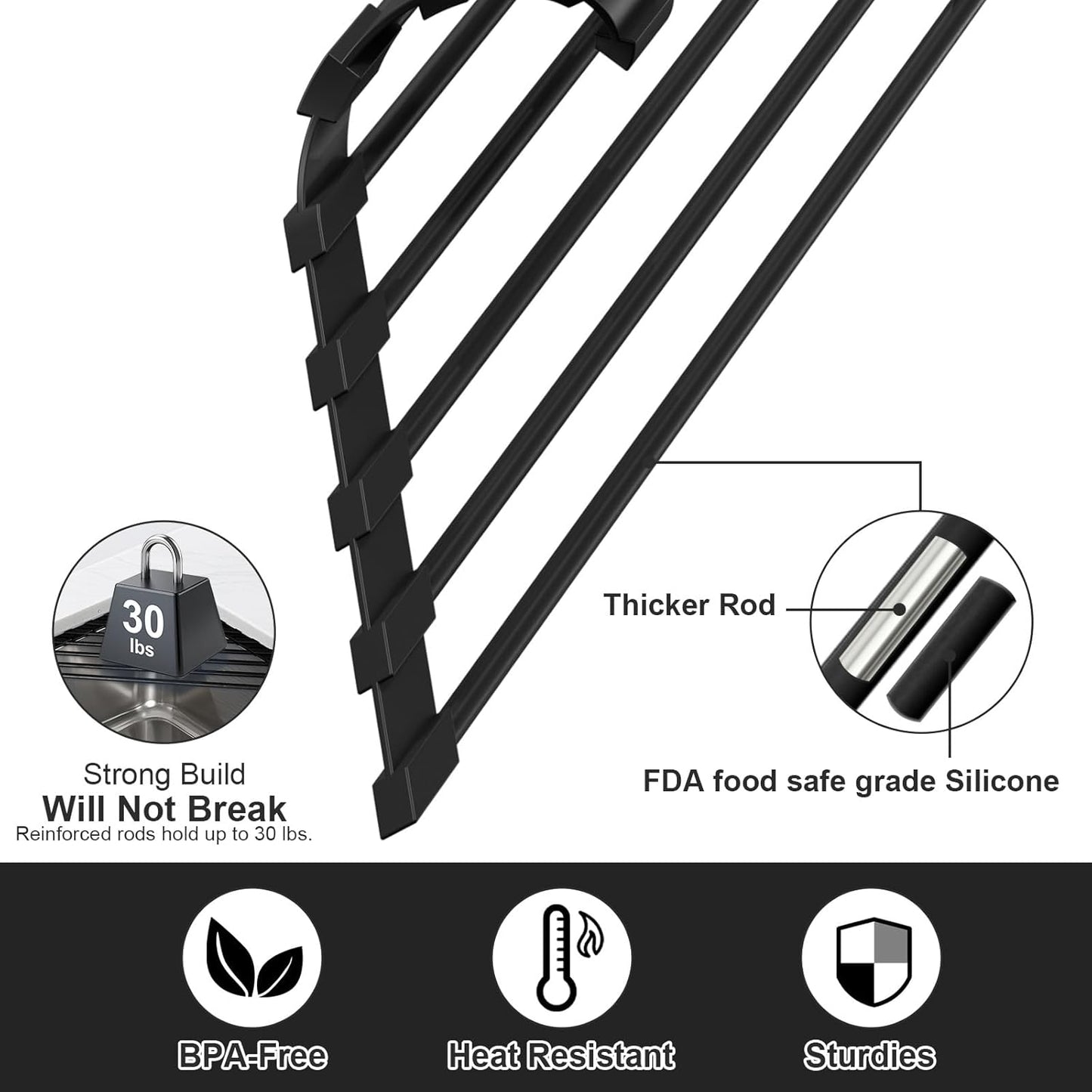 Triangular Sink Rack, Multi-Functional Rack Above The countertop, Foldable Sink Drying mat, Heat-Resistant, Non-Slip, and Rust-Proof Dish Rack (Black)