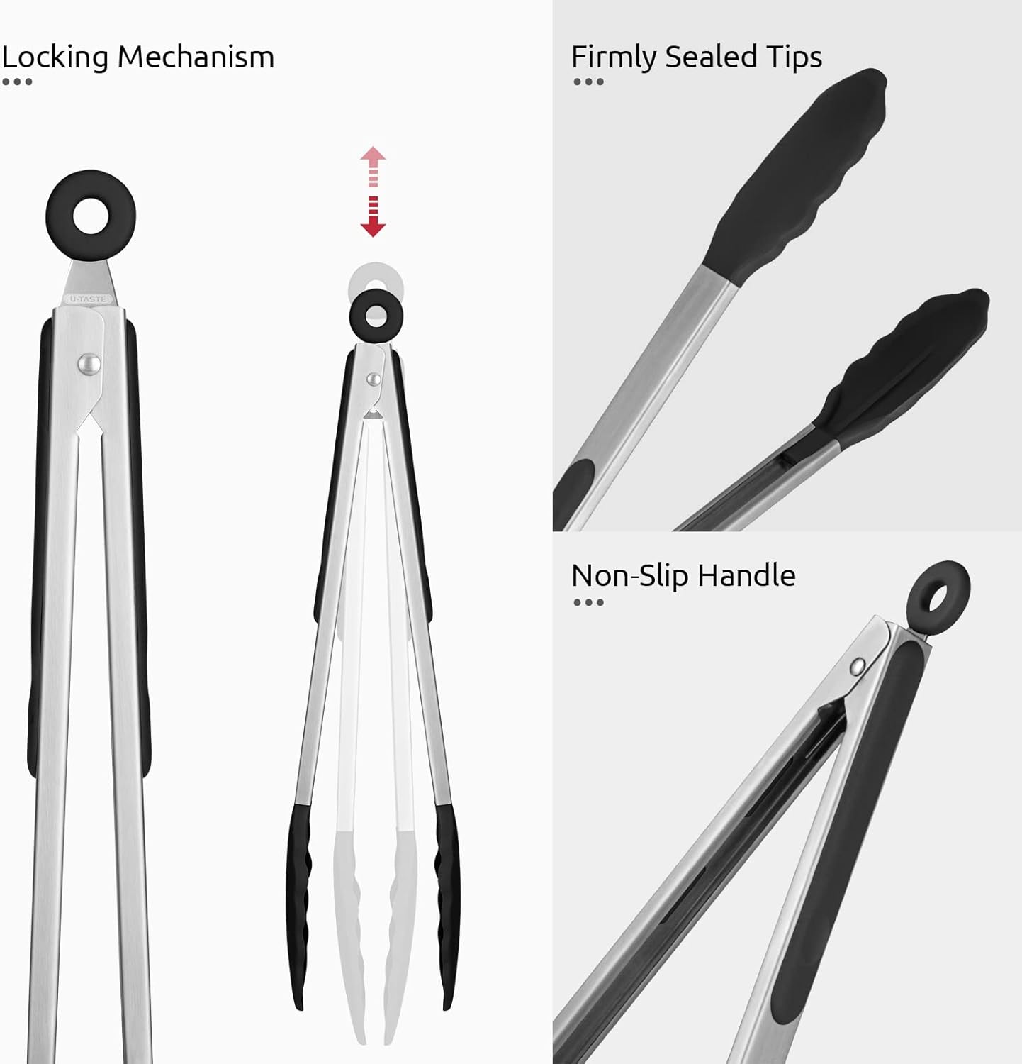 Heat Resistant Silicone Kitchen Tong: U-Taste 12 inch Large 480ºF Hot Proof Cooking Tong with Sturdy Non Stick Rubber Tips & Silicon Coated Steel Handle & Smooth Locking for Serving Grill Salad(Black)