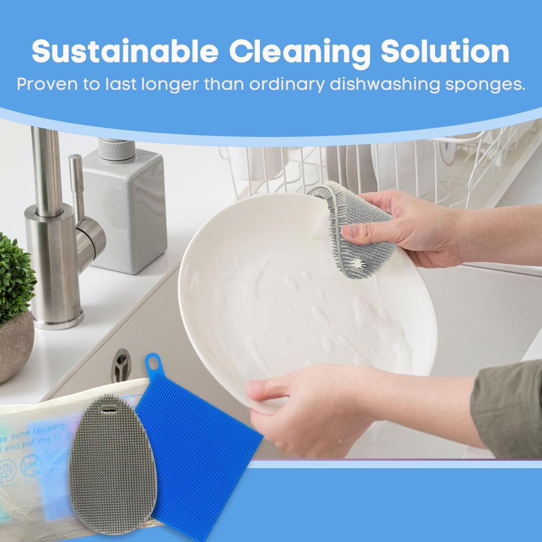 Silicone Dish Sponge Dish Scrubber (Oval and Square) - Dual-Sided, Food Grade Silicone Sponges for Dishes and Housecleaning 2-Pack