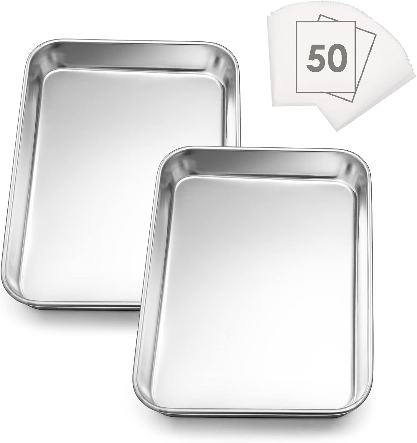 Small Baking Sheet Set of 2, E-far 10.5”x8.3” Stainless Steel Cookies Sheet Pan for Toaster Oven with 50 Parchment Paper, Rectangle Baking Tray for Cooking, Rust Free & Heavy Duty, Dishwasher Safe