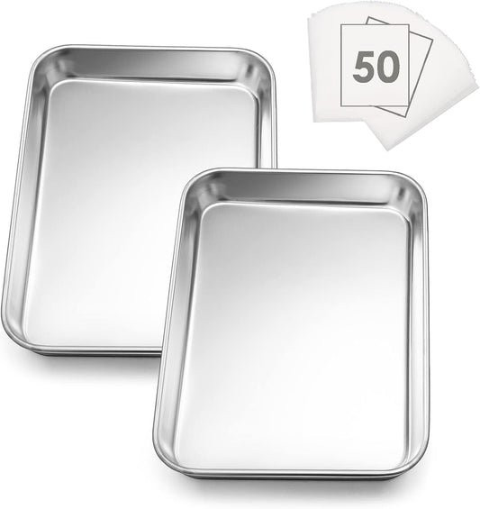Small Baking Sheet Set of 2, E-far 10.5”x8.3” Stainless Steel Cookies Sheet Pan for Toaster Oven with 50 Parchment Paper, Rectangle Baking Tray for Cooking, Rust Free & Heavy Duty, Dishwasher Safe
