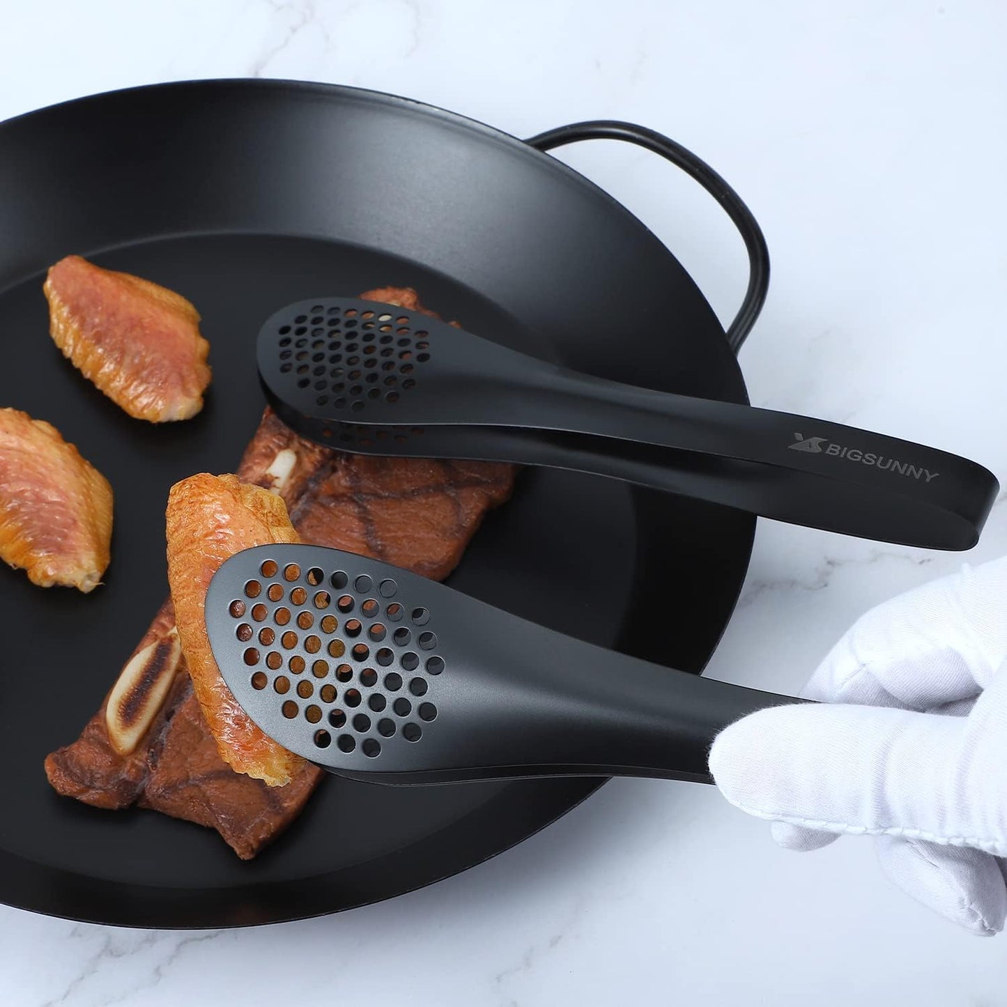 MSY BIGSUNNY Stainless Steel Buffet Tongs - Kitchen Food Tong for Cooking and Serving (Black - 9" Serving Tongs)