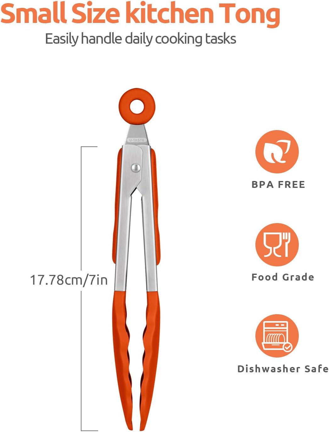 600ºF Heat Resistant Kitchen Tong: U-Taste 7 inch Silicone Cooking Tong with Firm Sealed Non Stick Rubber Tips & Silicon Coated 18/8 Stainless Steel Handle & Smooth Locking for Serving Salad (Orange)
