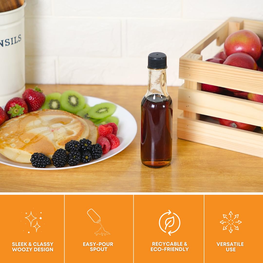 FastRack - 5oz Woozy Bottles for Hot Sauce, Pack of 24 with Black Plastic Caps & Shrink Sleeves, Empty, Clear Glass bottles with Leakproof Cap - No Dripper Included