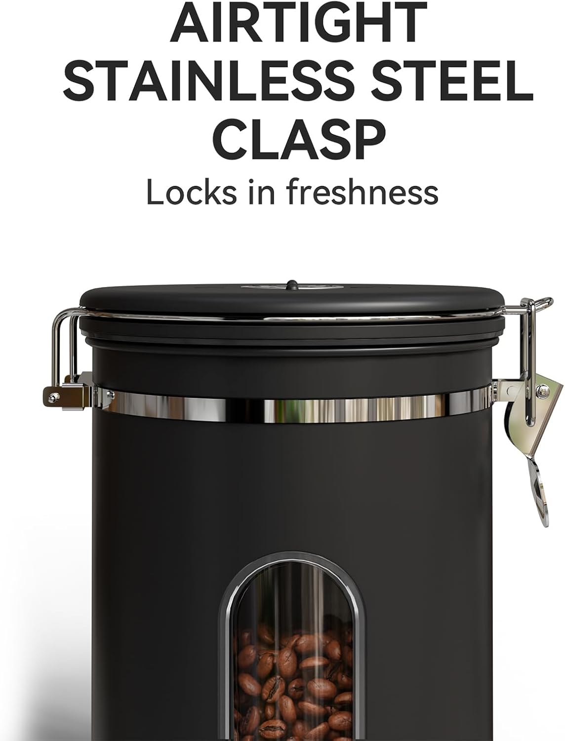 Veken Coffee Canister with Window,Airtight Stainless Steel Container,Home Kitchen Food Storage Organizers for Grounds,Beans,Espresso,Rice,Tea,Sugar,Flour, Cereal,Scoop,Bar Accessories,Gifts,22OZ,Black