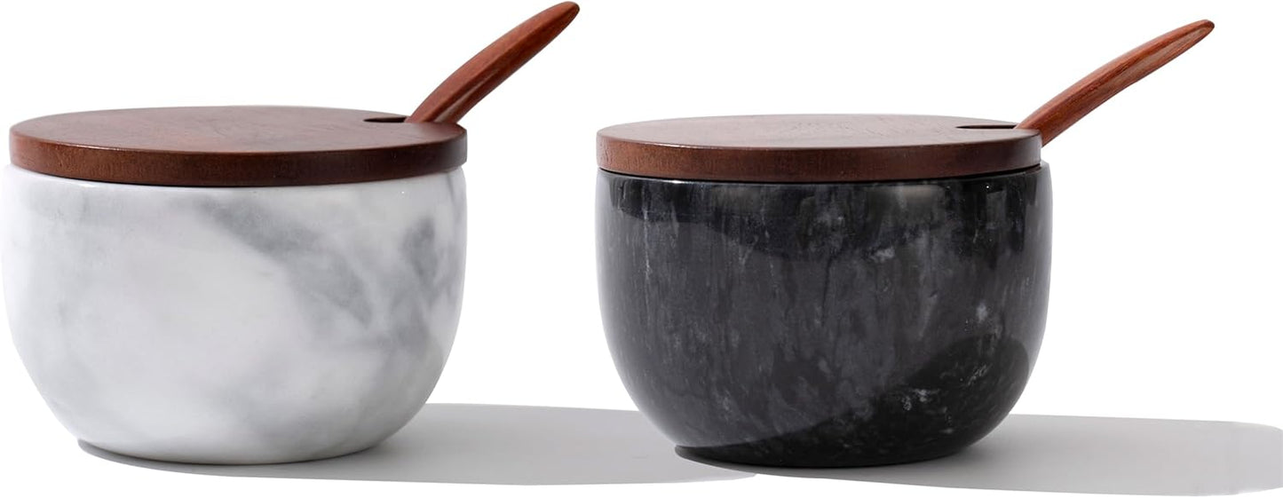 Marble Salt Cellar with Lid & Spoon, 11oz Salt and Pepper bowls, Handcrafted from Natural Marble, Smooth Inside ((white+black) bowl)