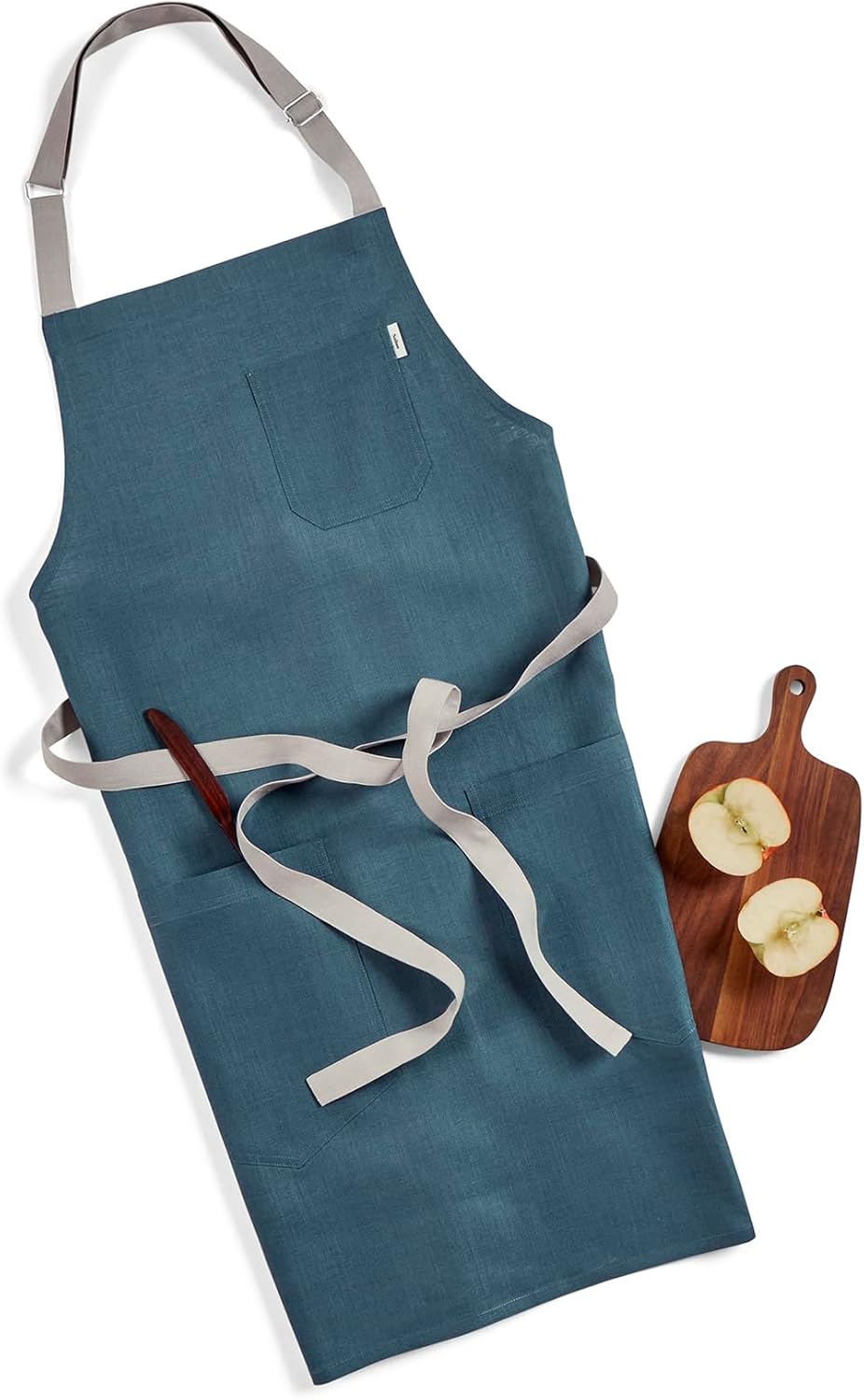 Solino Home Linen Kitchen Apron for Men & Women - Peacock Blue/Soft Grey Bib Apron with Front Pockets - Handcrafted from European Flax