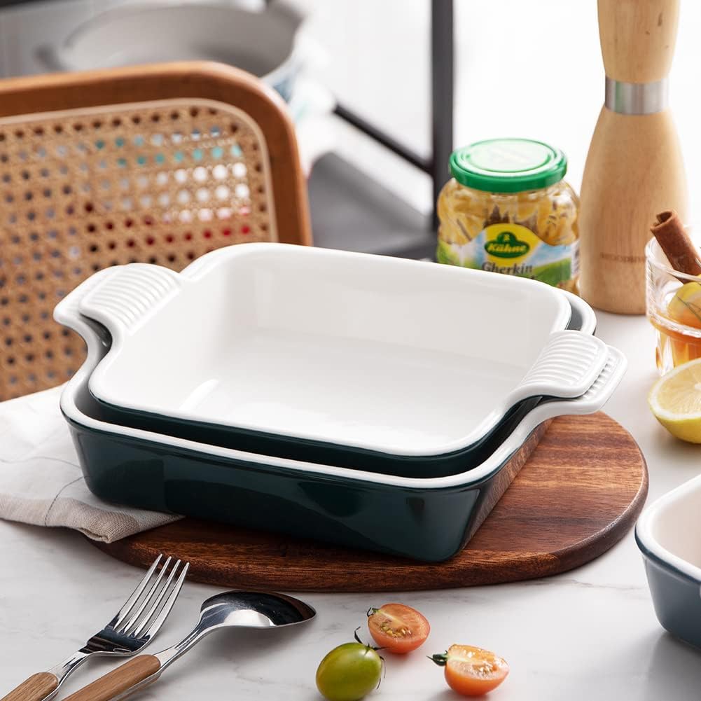 Sweejar Ceramic Baking Dish, 9 x 9 Cake Baking Pan for Brownie, Porcelain Square Bakeware with Double Handle for Casserole, Lasagna, Family Dinner (Jade)