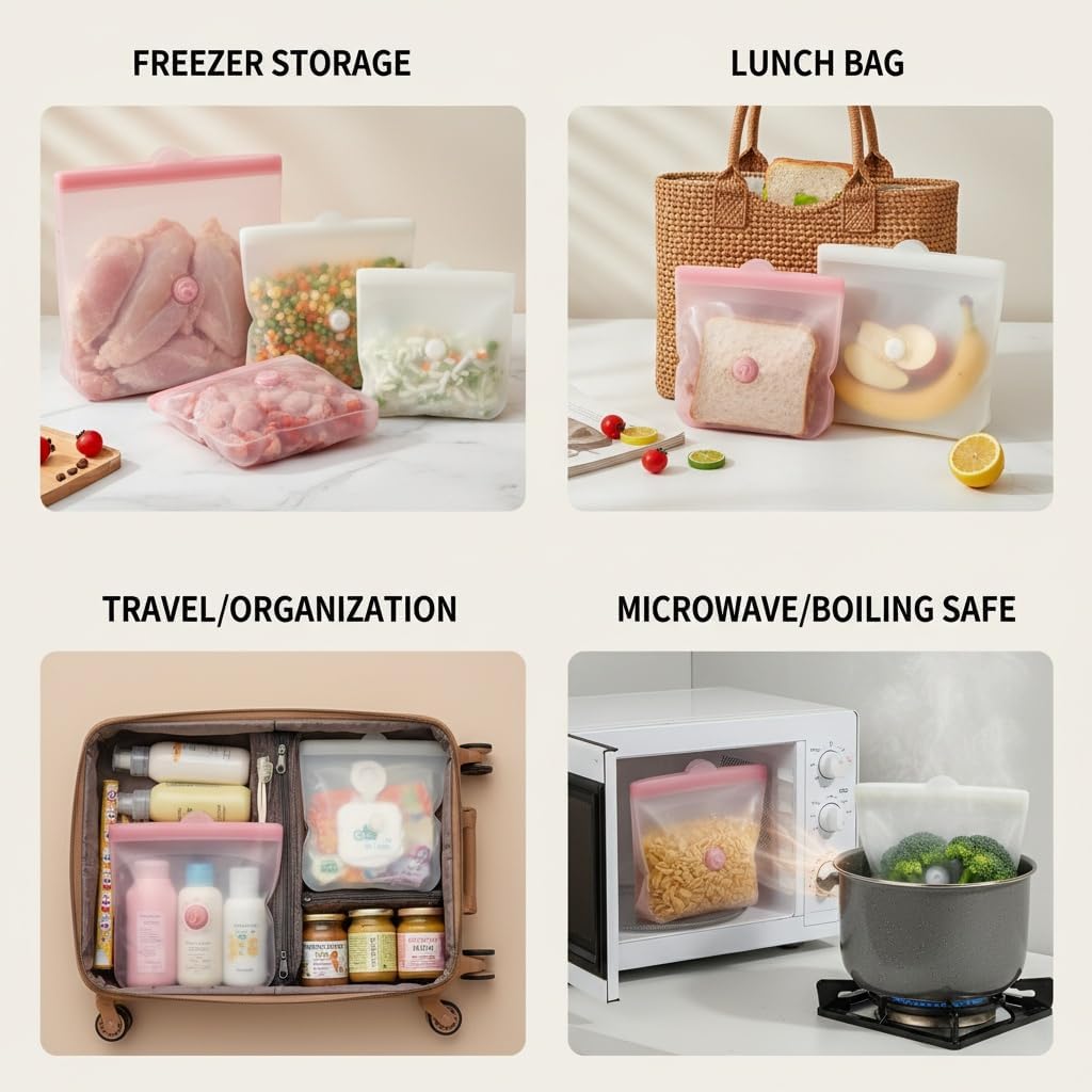 Reusable Silicone Food Storage Bags – Premium Eco-Friendly Multi-Size Set (650ml/1300ml/2000ml), Leakproof, BPA-Free, Freezer & Microwave Safe, Dishwasher Friendly (White(Clear))