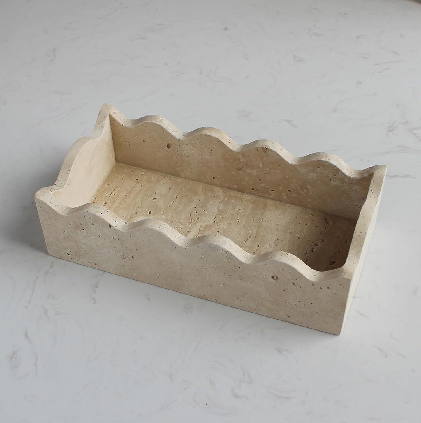 Natural Travertine Guest Towel Holder 9.8" × 4.9" for Bathroom, Rectangular Napkin Holder with Scalloped Edge, Tissue Hand Towel Tray for Dinner Table, Countertop Bathroom Vanity