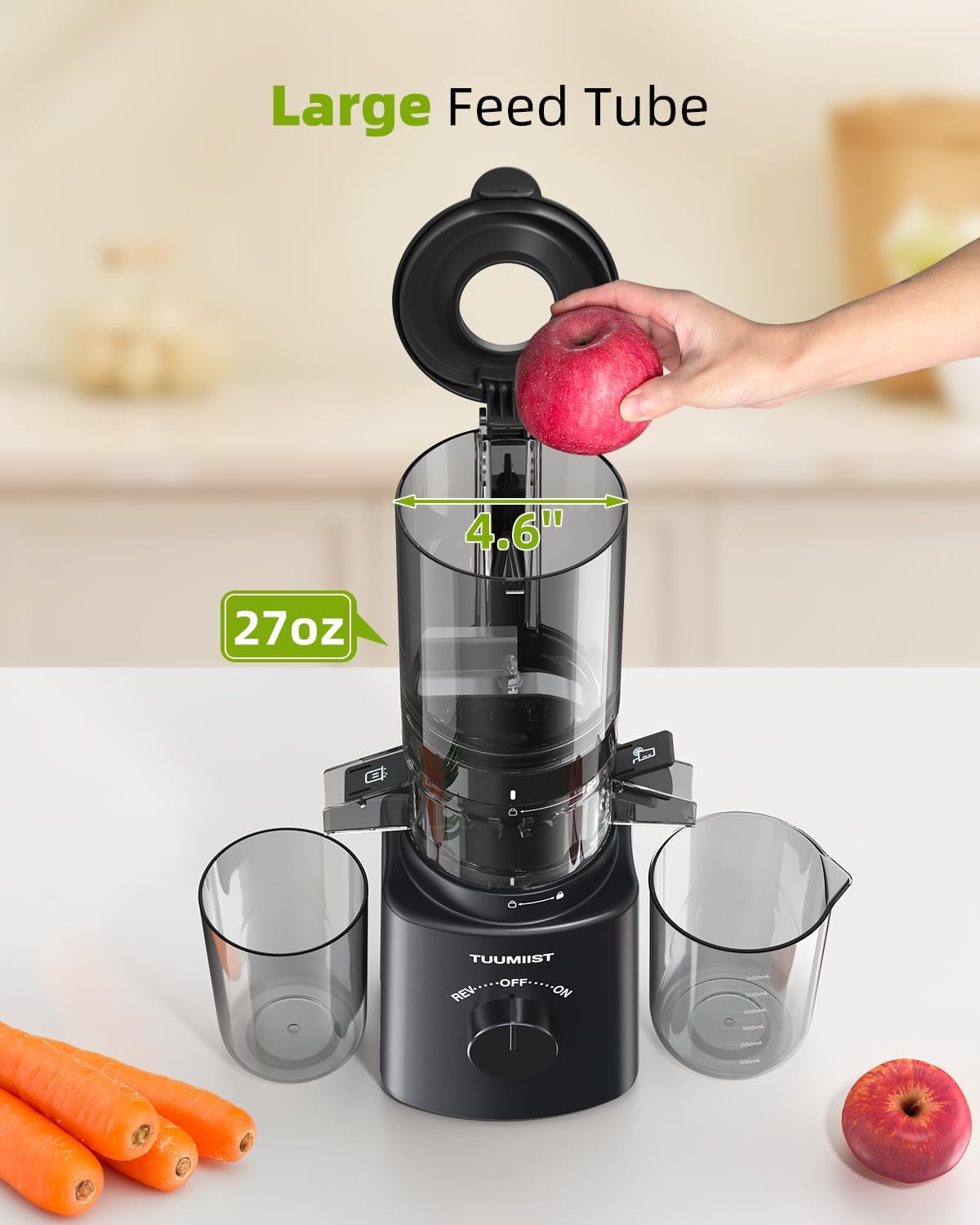 Juicer Machines, TUUMIIST Cold Press Juicer with 4.6'' Large Feed Chute Fit Whole Vegetable And Fruit, Masticating Juicer Easy To Clean, Black