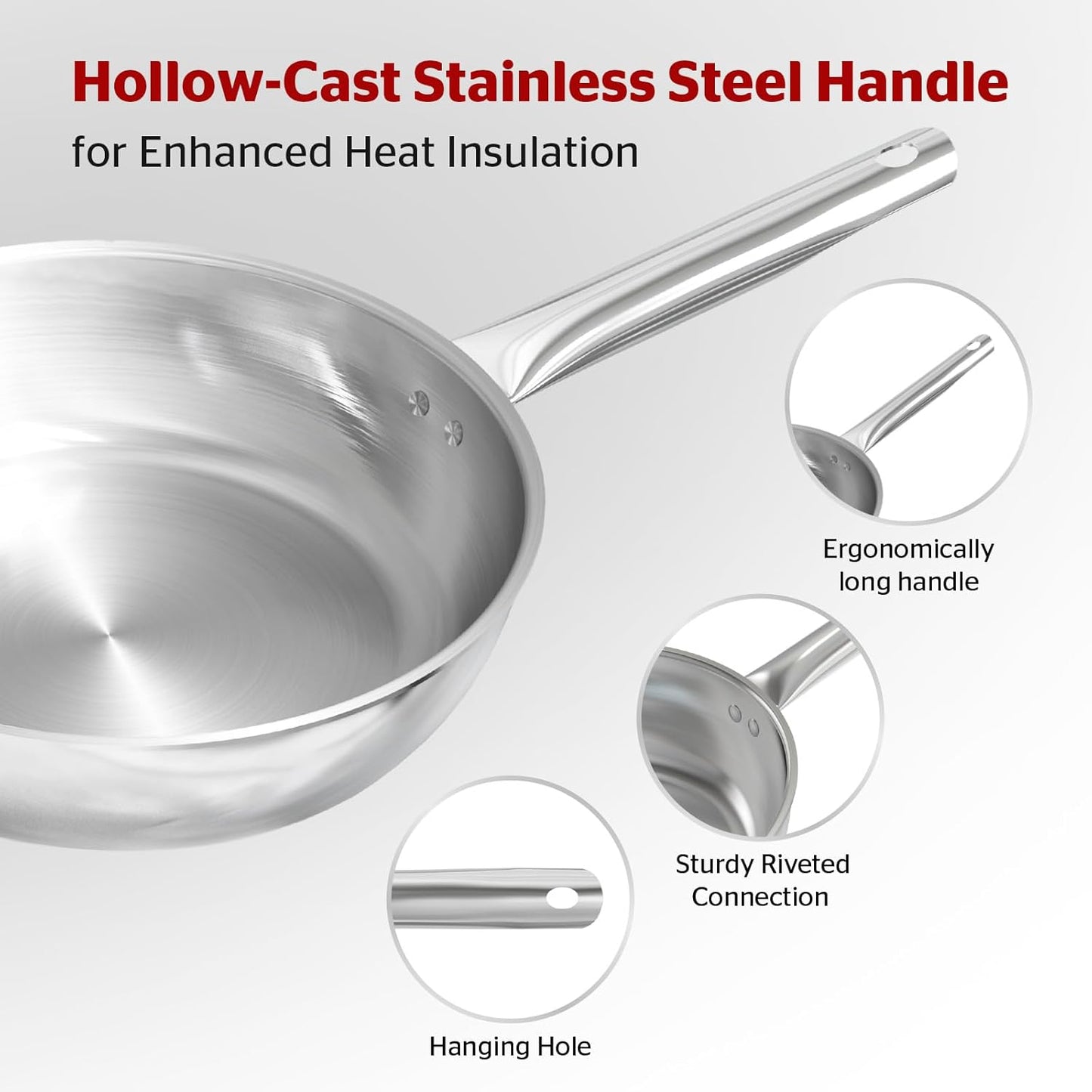 Sunhouse 18/10 11 Inch Stainless Steel Frying Pan, Whole-Clad No Coatings Skillet with Stay-cool Handle for Cooking, Durable & Oven Safe to 500°F, Dishwasher Safe, Compatible with All Cooktops