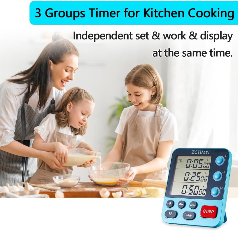 Dual Digital Timer for Kitchen Cooking, 3 Channels Count Down/Up Triple Timer for Kids, Presets Memort Large Display & Magnetic Back Adjustable Alarm Volume, Suit for Kids Teachers Studying, Blue