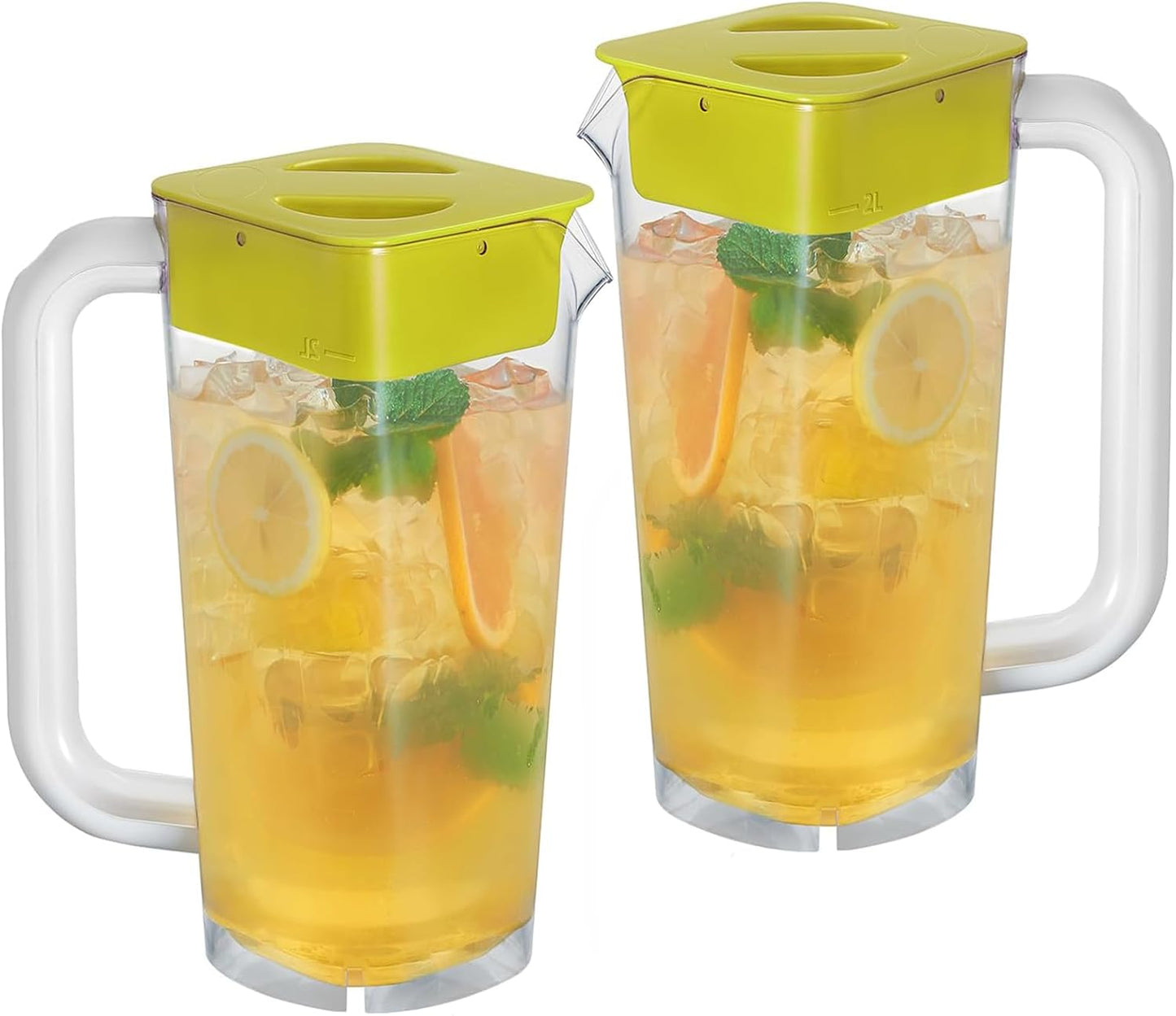 CURTA 2 Pack 2 Liters/68 oz Plastic Square Pitcher with Lid & Handle for Kitchen,ICED JUICE and Coffee Carafe Beverage Serveware, Acrylic Water Jug for Hot/Cold Drinks&lemonade