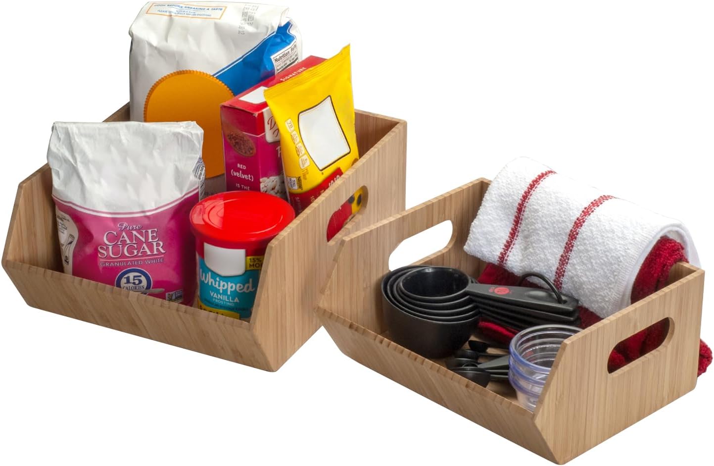 Mobilevision XL Versatile Bamboo Storage Bins for Pantry & Kitchen Cabinet Organizer Multi-Purpose / 2 Piece Stackable Set Larger Bins