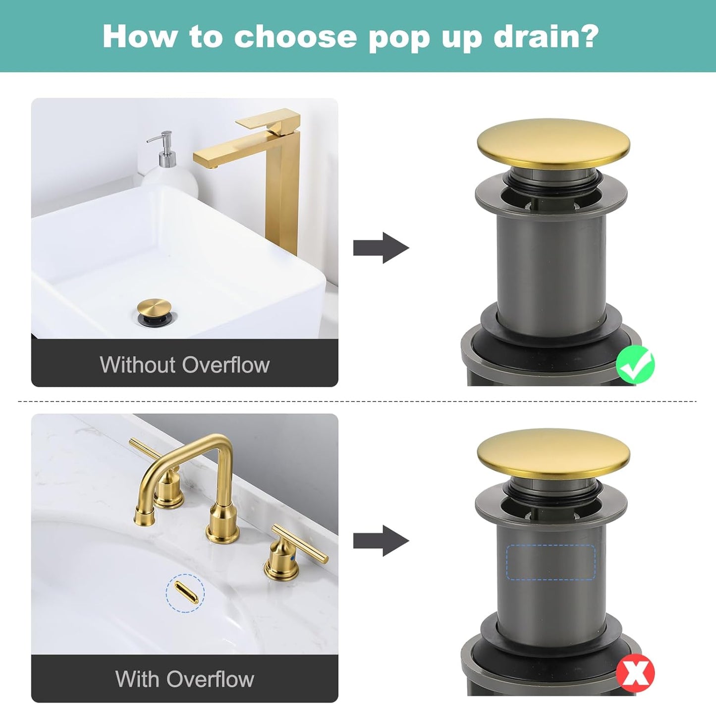 Bathroom Sink Drain Without Overflow, ARCORA Brushed Gold Pop Up Drain for Vessel Sink Clicker Drain Stopper