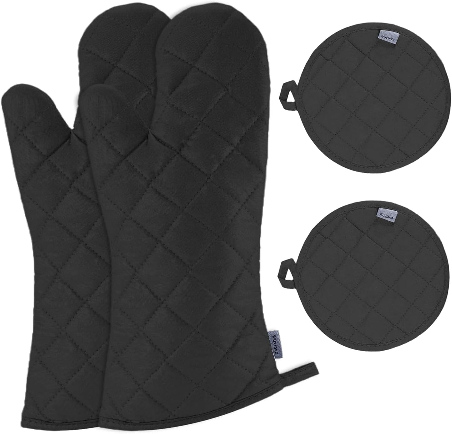 Set of 4 Oven Mitts and Pot Holder Heavy and Tall Kitchen Cotton Gloves Lined Towelcloth, Gloves Length 40cm, Pot Holder Width 20cm Diameter Round… (Black)