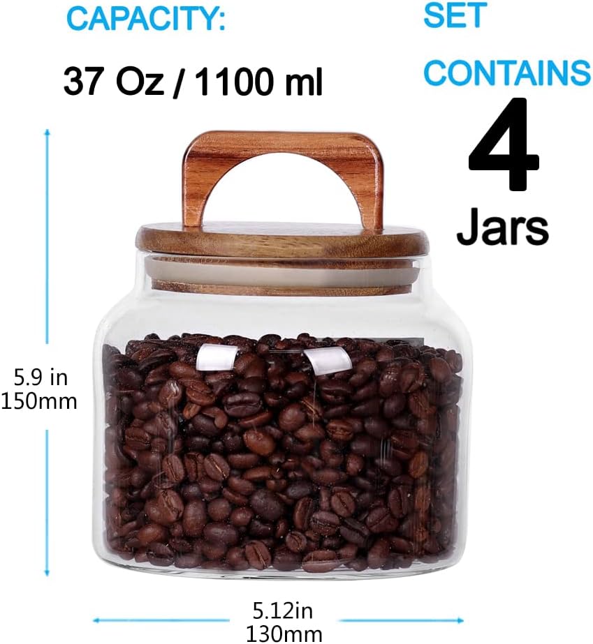 SAIOOL Glass Jars with Airtight Lid [Set of 4],Kitchen Canisters, Borosilicate Storage Containers,Retro Design, jars for Candy,Cookie,Rice,Sugar,Flour, Flour,Pasta,Nuts and Spice Jars