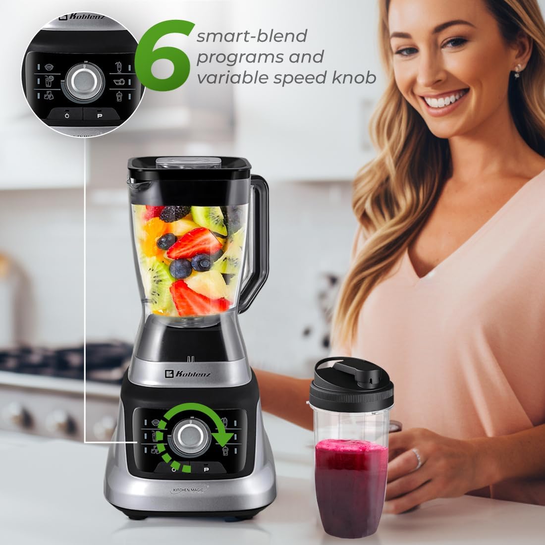 Koblenz Bob Blender, Countertop with Reversible motor, Speed Knob and 6 Functions, 1400-watt Motor, 68 oz. Capacity, Super Silent Operation, Includes 2 To-Go Cups and Tamper, Black/Chrome, LKM-9610