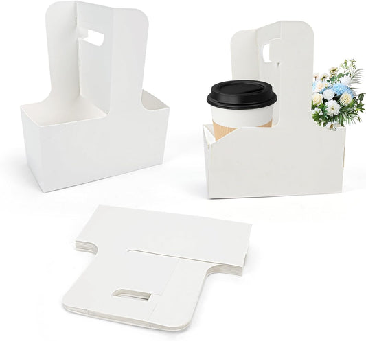 HFH Disposable 2-Cup Drink Carrier with Handle, Cardboard Cup Holder for Takeout, White (30P)