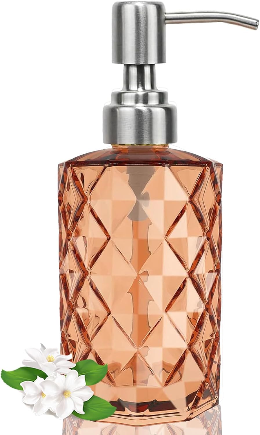 12Oz Amber Glass Soap Dispenser with Stainless Steel Pump, Refillable Kitchen Liquid Hand Soap Dispenser with Diamond Design, for Dispense Hand soap, Dish Soap, Lotion, Bathroom, Countertop, Hotel