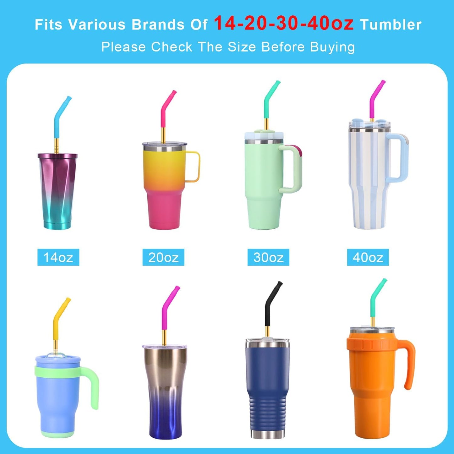 Newly Upgraded 8.5In Reusable Stainless Steel Straws Set 6 PCS with12 Silicone Accessories, 2 Straw Brush, 1 Storage Case, BPA Free, Eco-Friendly Metal Straws for 14, 20, 30,40 oz Tumbler