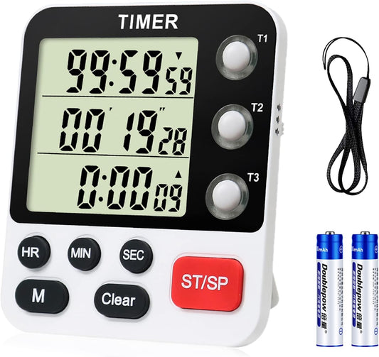 Digital 3 Channels Kitchen Cooking Multiple Timer with Large LCD Count Up Down Stopwatch ON Off Switch Timer for Teaching Reading 3-Level Adjustable Volume with Magnetic Back (Style C)