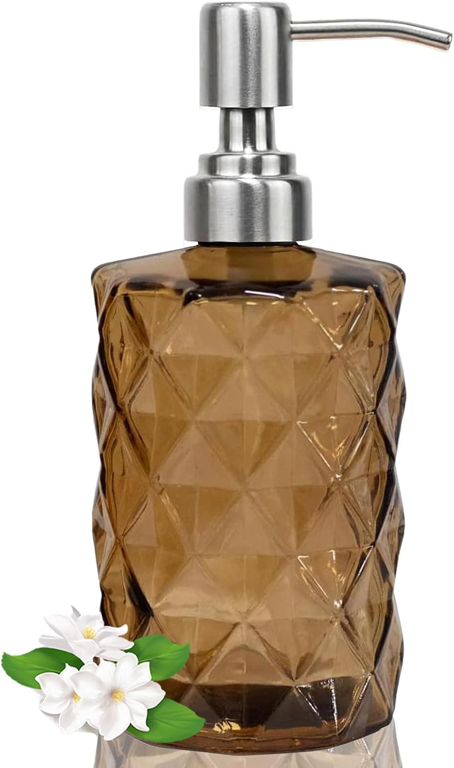 12Oz Brown Glass Soap Dispenser with Stainless Steel Pump, Refillable Kitchen Liquid Hand Soap Dispenser with Diamond Design, for Dispense Hand soap, Dish Soap, Lotion, Bathroom, Countertop, Hotel