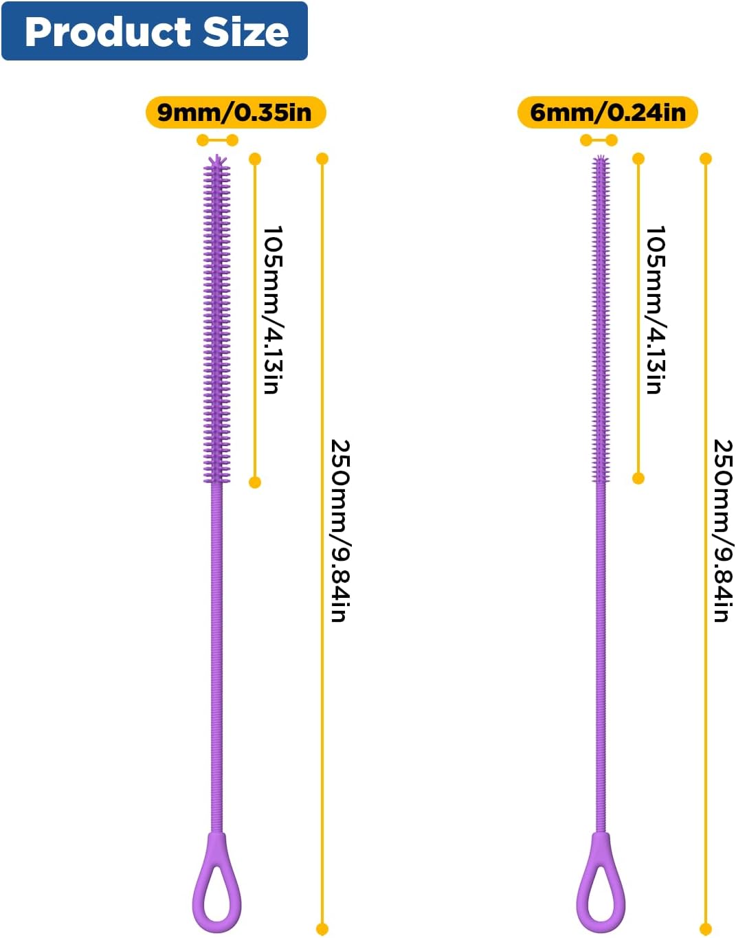 YOTIME Silicone Straw Cleaner Brush, 2Pcs Reusable Straw Brush Extra Long for Cleaning Tumbler with Handle and Glass Metal Smoothie Straws, Non-slip Handle Soft and Bendable, 6mm+9mm, Purple