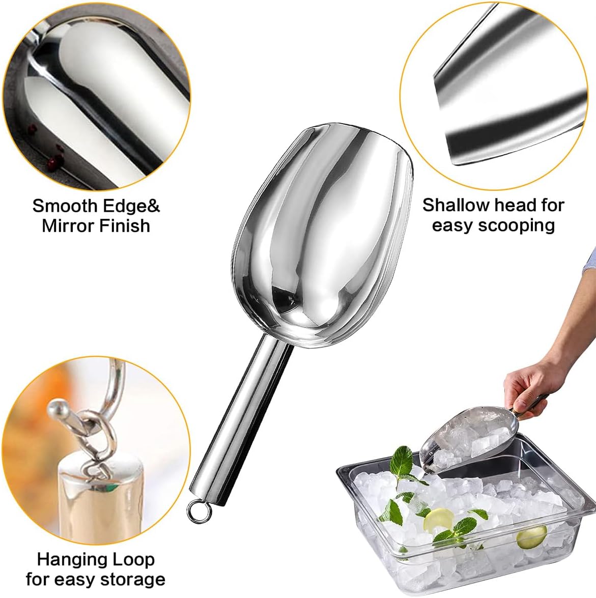 Metal Ice Scoop，Kitchen Ice Scooper for Ice Maker,Stainless Steel Small Ice Scooper for Freezer，Kitchen Gadgets Cookie Flour Pet Dog Food Scoop (silver, 12oz)