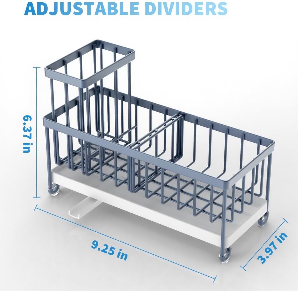 Cisily Blue Gray Sponge Holder for Kitchen Sink, Sink Caddy Organizer with High Brush Holder, Kitchen Countertop Organizers and Storage Essentials, Rustproof 304 Stainless Steel, Soap Dispenser