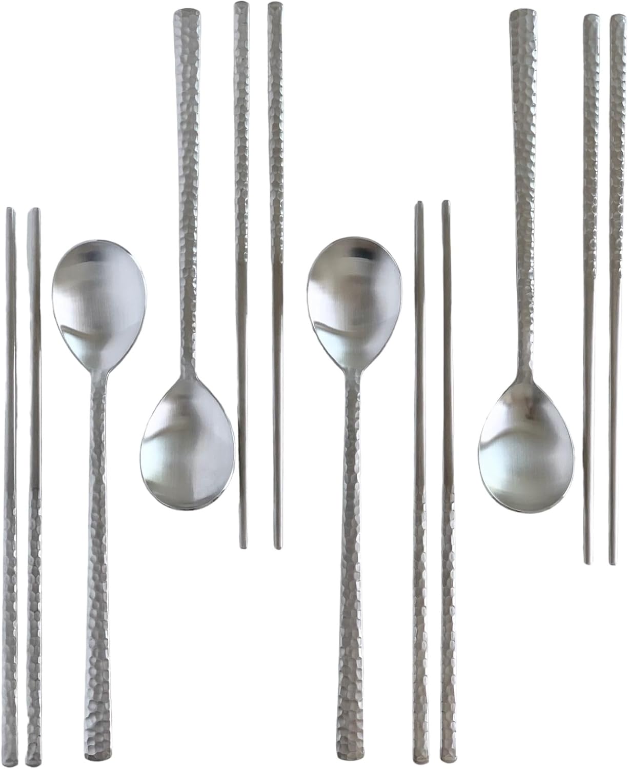 Korean Made Silver Glossy Hammered Stainless Steel Korean Spoon & Chopstick SET Gift for Mom (4SET)