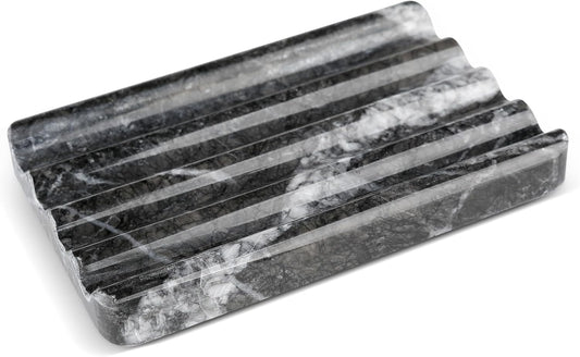 Marble Soap Dish, Bar Soap Holder Shower, Black Soaps Bathroom Saver with Water Ripple Design, Easy Cleaning Natural Stone Sponge Holder for Kitchen Sink, Executive Jewelry Ring Tray