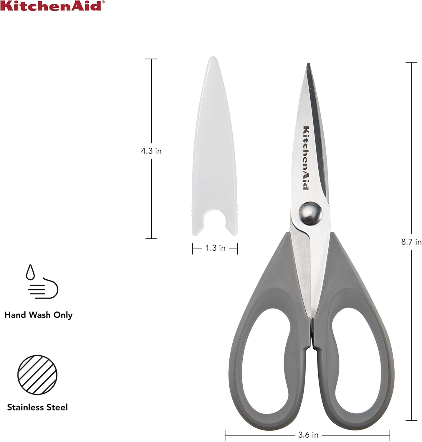 KitchenAid All Purpose Kitchen Shears with Protective Sheath Durable Stainless Steel Scissors, Dishwasher Safe, Soft Grip Comfort Handle, 8.72 Inch, Gray