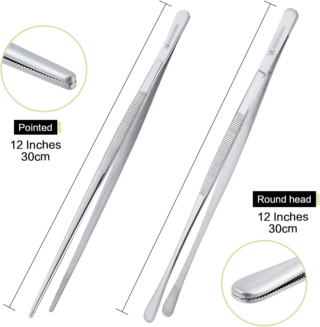 MSY BIGSUNNY Stainless Steel Food Tweezers Multi-function Cooking Tongs Kitchen Serving Tong (12" Round & 12" Pointed Tweezers)