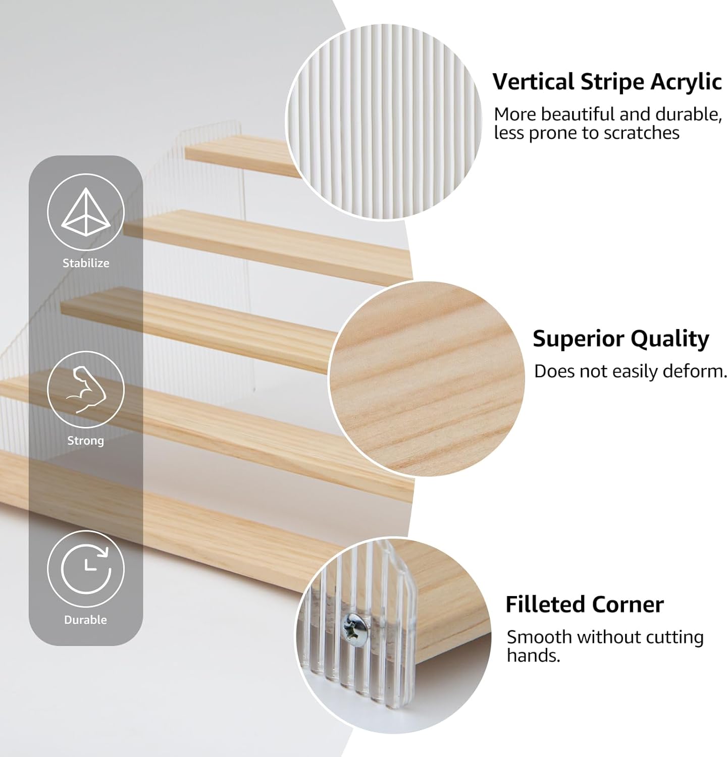 nianfeng Tiered Spice Rack, 5-Tier Spice Pantry Kitchen Cabinet Organizer, 19.9-Inch, Natural Wood Acrylic Stair Riser Stand, Countertop Seasoning Shelf