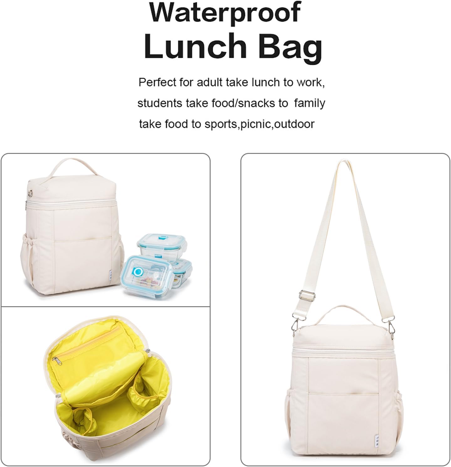 NOL Natural Organic Lifestyle Insulated Lunch Bags for Women Cooler Bag Lightweight Nylon Waterproof Lunch Box For Work (Cream, Large)