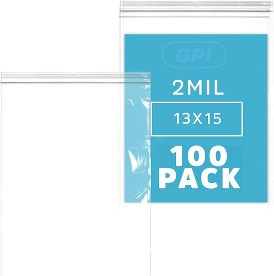 GPI Pack of 100, 2 Gallon, 13" X 15" Clear Plastic Reclosable Zip Bags - Bulk 2 Mil, Large, Strong & Durable Poly Baggies with Resealable Zip Top Lock for Travel, Storage, Packaging & Shipping.